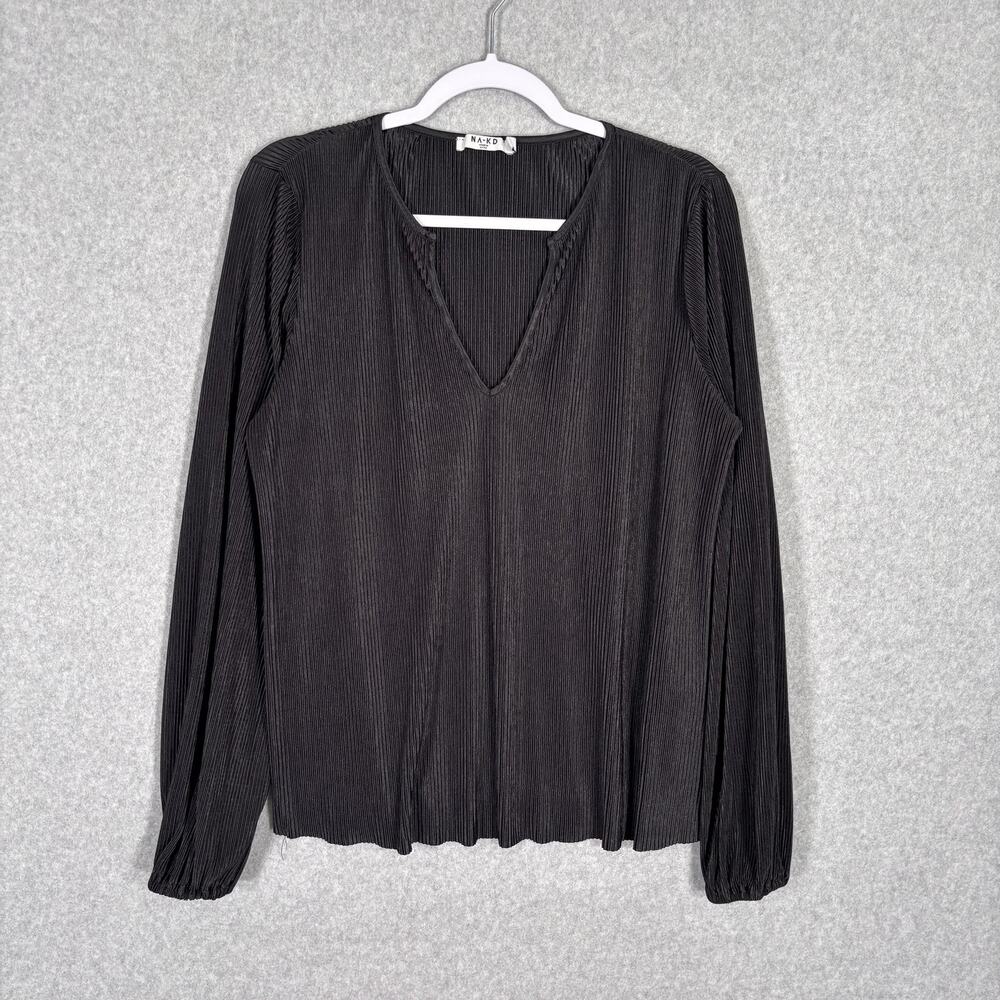 NA-KD Plisse Pleated Blouse Small Black Flowy Puff Whimsigoth 90s Minimalist